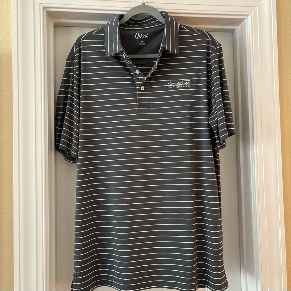 OXFORD AMERICA SEA SCAPE GOLF LINKS MENS MEDIUM POLO GREY WHITE STRIPES